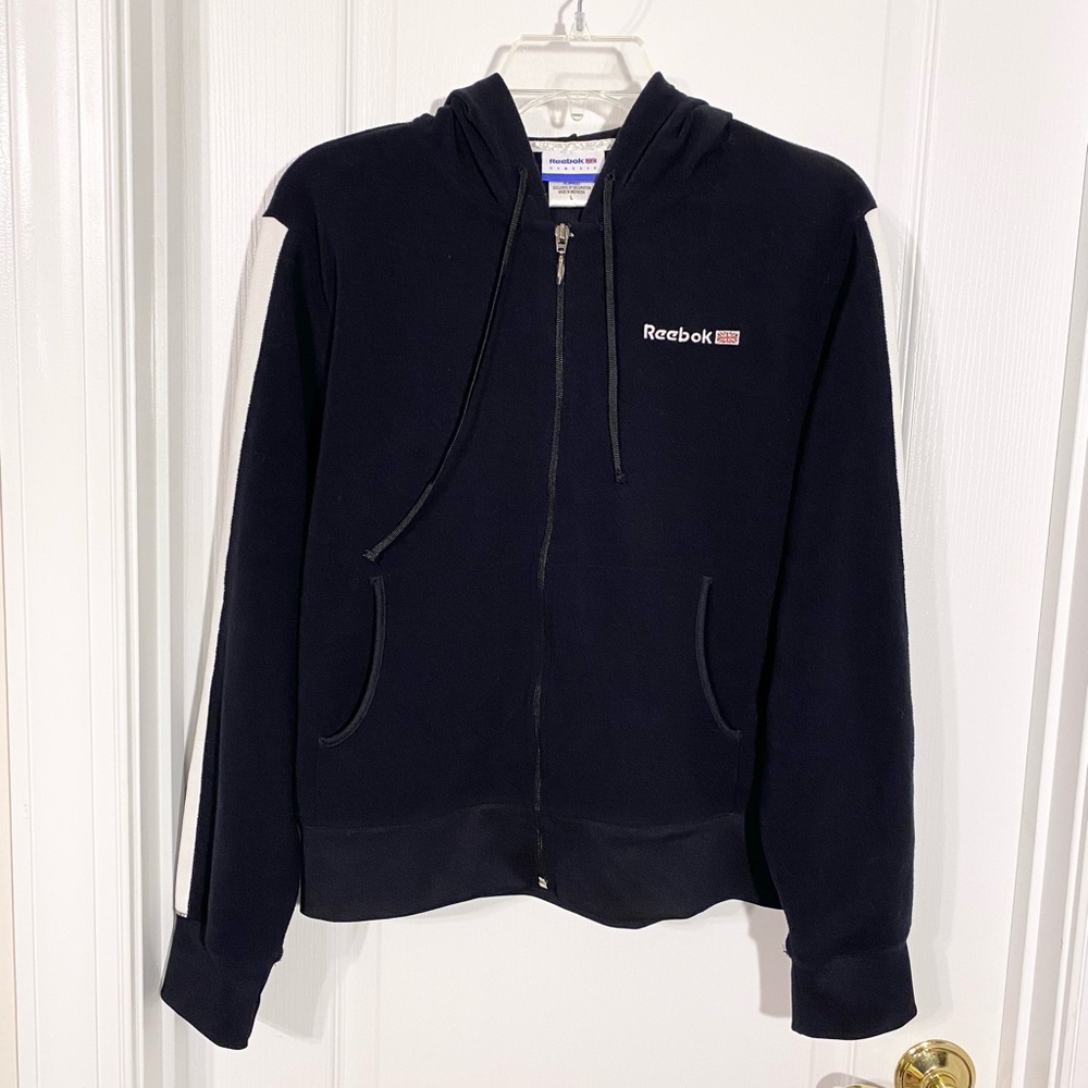 Reebok Arm Stripe Terrycloth British Flag Full Zip Hoodie Black White Size Large